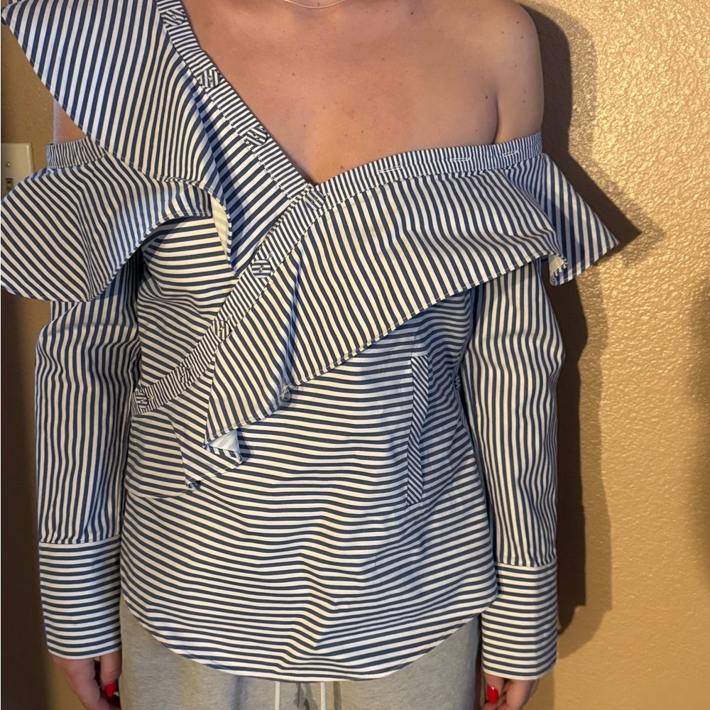 Self-Portrait Blue and White Striped Off-Shoulder Blouse